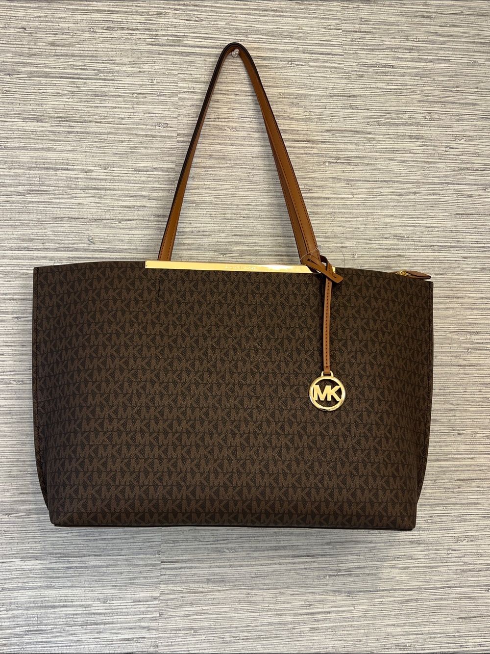 Michael Kors Brown MK Monogram Tote with Gold Charm